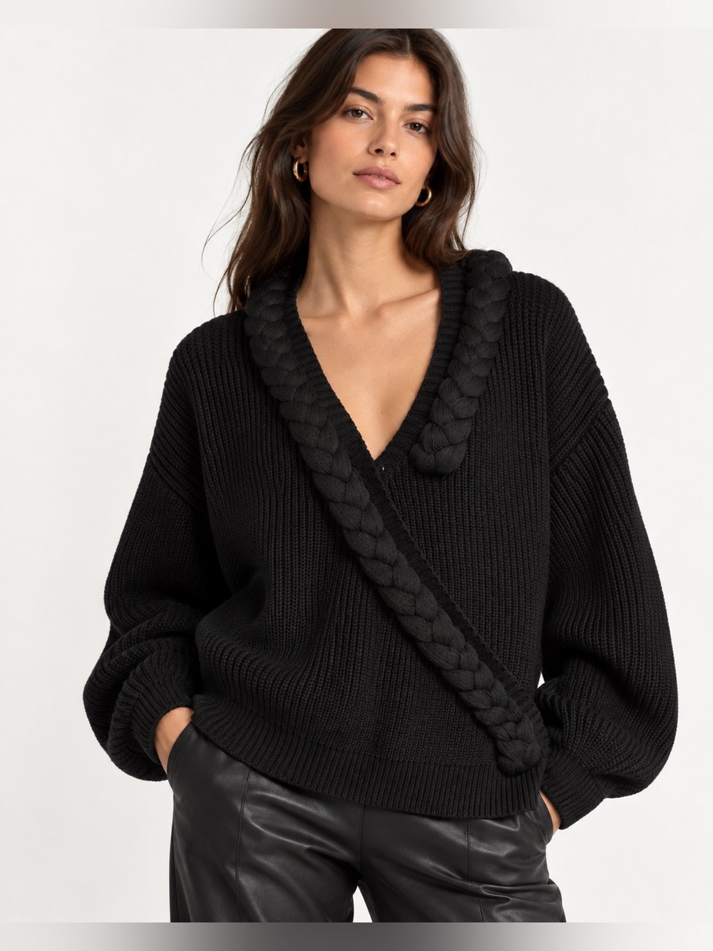 Undra Celeste Bold Braid Wrap Cardigan Black S/M $395